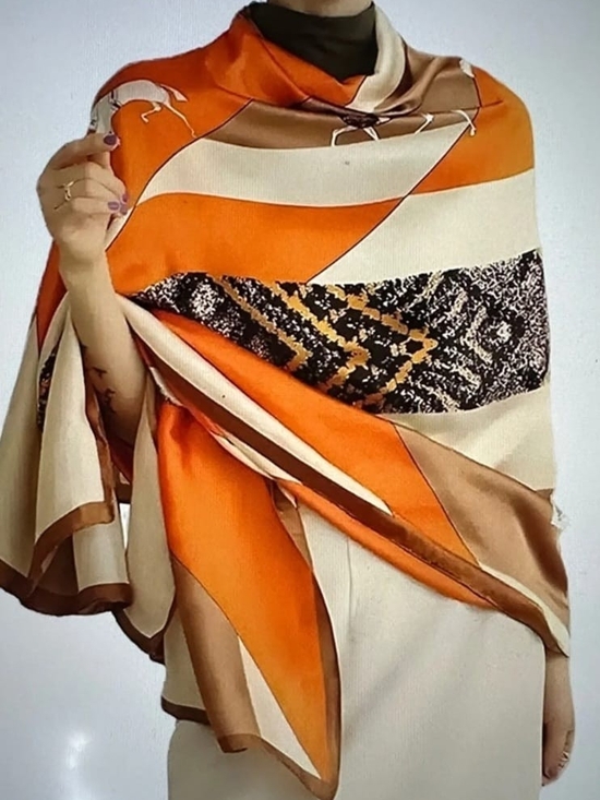 Accessories - Silky Orange and Cream Fashion Wrap with Brown Trim